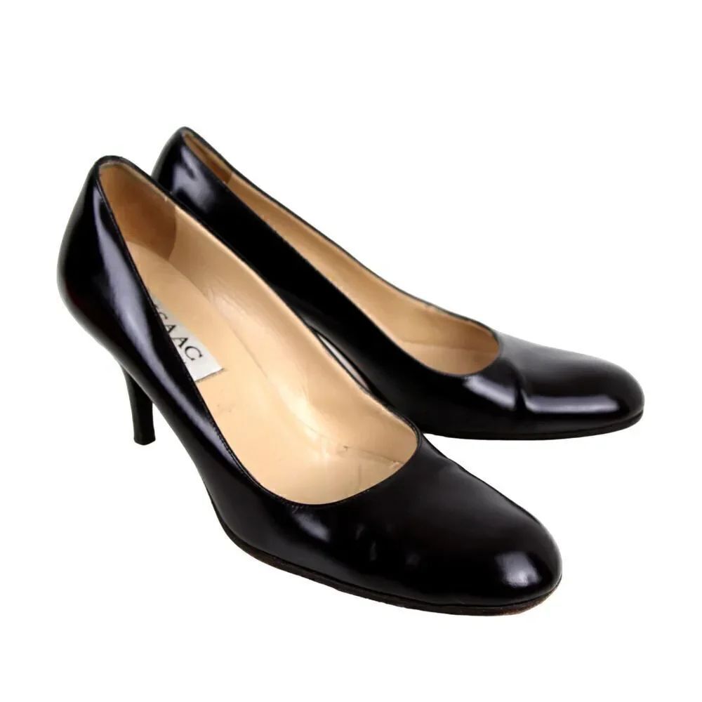 Isaac Mizrahi ITALY BLACK GENUINE LEATHER MID HEEL CLASSIC PUMP SHOES Sz 8B